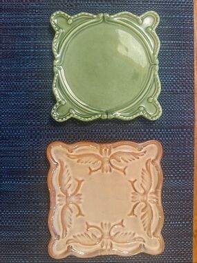 California Pottery Decorative Ceramic Coaster Set - Green & Cream Ornate Squares